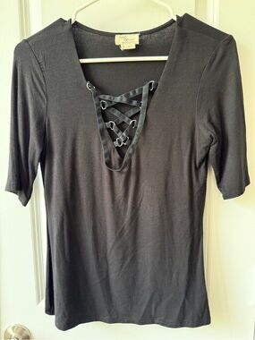 Black Lace-Up V-Neck Short Sleeve Tee by Suzy Shier